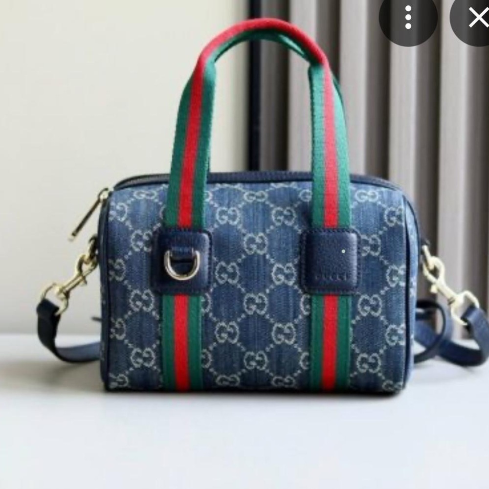 Blue Monogram Canvas Satchel with Green and Red Straps